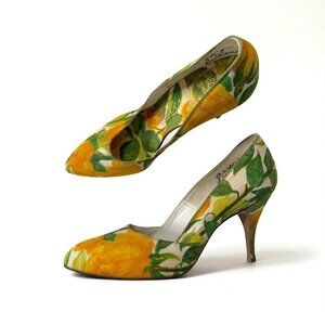 Vintage Delman Citrus Yellow Floral Print Pumps 6B – 1950s High Heels